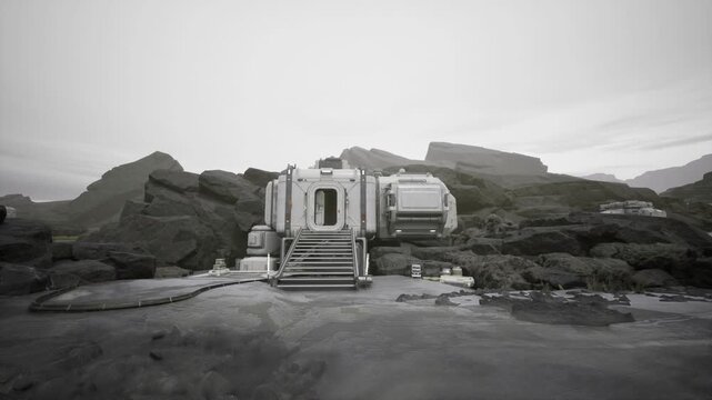 Deserted modular habitat on rocky shore, worn metal panels, external cables, shallow water pools, distant cliffs, overcast sky, cinematic monochrome mood