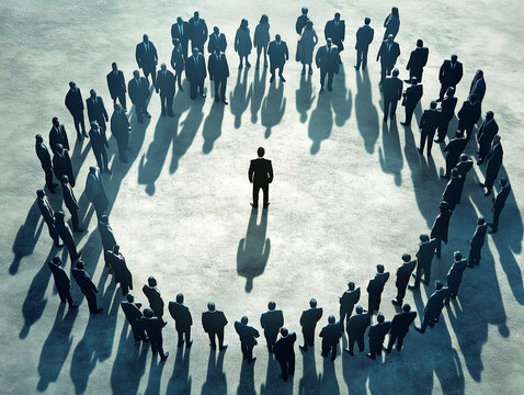 A high angle view shows a large group of people forming a neat circle around one distinct individual in the middle