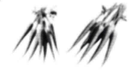 Obraz premium Abstract halftone ink splatter set, dynamic black dots with motion blur effect. Grunge vector illustration for retro pop art design, urban texture, poster, branding, and creative graphic background