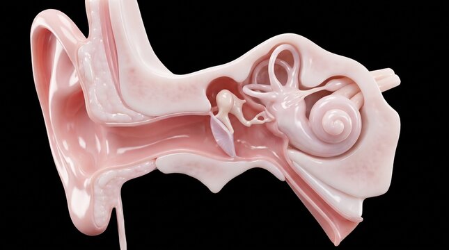 Detailed 3D Anatomical Cross-Section of the Human Ear Highlighting the Outer Middle and Inner Ear Structures