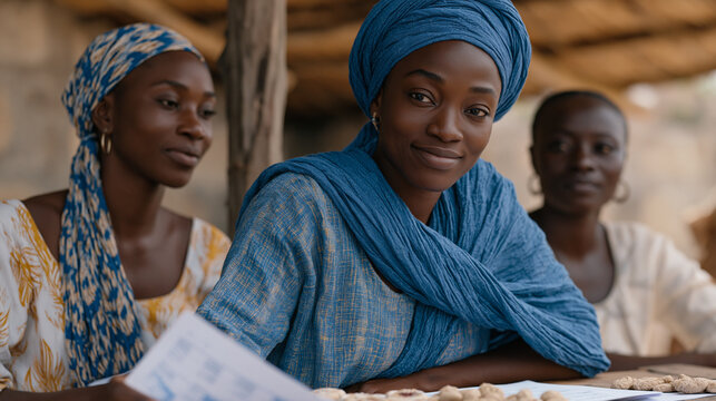 Micro loan recipient business group dynamic, three Ghanaian women entrepreneurs gather around workshop table reviewing shared business plan printout with microfinance field
