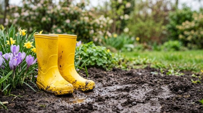 Yellow rubber boots standing in muddy garden soil next to blooming spring flowers. Seasonal outdoor activity and gardening work. Concept of nature, rainy weather and childhood play.