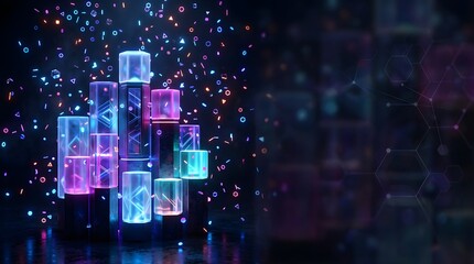 Naklejka premium Neon glowing light pillars with digital particles in dark festive background