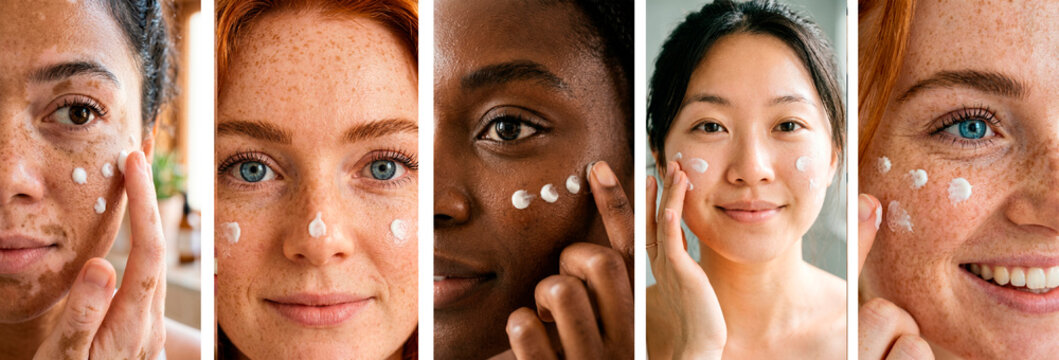 Diversity type skin and race black Asian and European women collage applying face cream dots close up, Morning skincare routine beauty home healthy skin mood self care beauty ritual natural