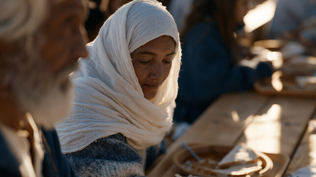 Overhead view of a long soup kitchen table where hidden faces of food insecurity emerge: a retired Sami teacher, a young Roma mother, an unemployed construction worker, all seated