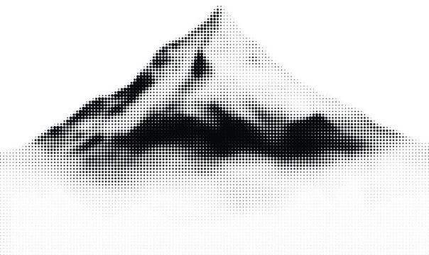 Abstract mountain range with halftone dot pattern, modern geometric landscape silhouette. Distressed texture effect, black and white vector illustration for graphic design, branding, poster and print 