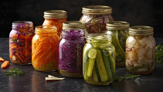 Assortment of homemade pickled vegetables in glass jars, showcasing a variety of colors and textures