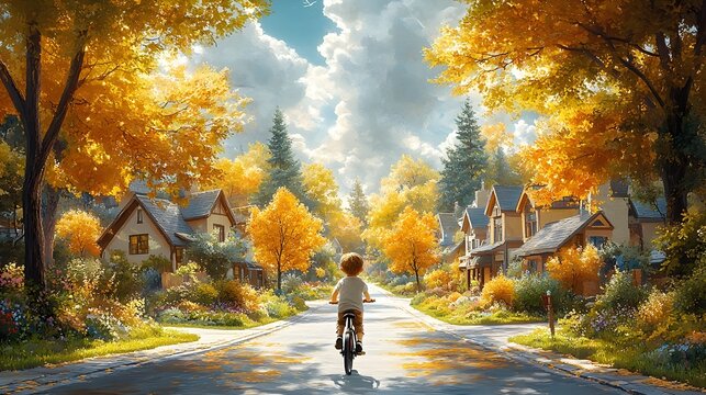 Beautiful oil painting of a child walking down a path in a vibrant autumn forest town