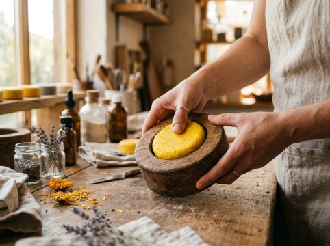 Woman artisan making organic handmade soap bar in wooden mold. Natural cosmetic production in craft workshop. Small business manufacturing of zero waste eco friendly skincare product.