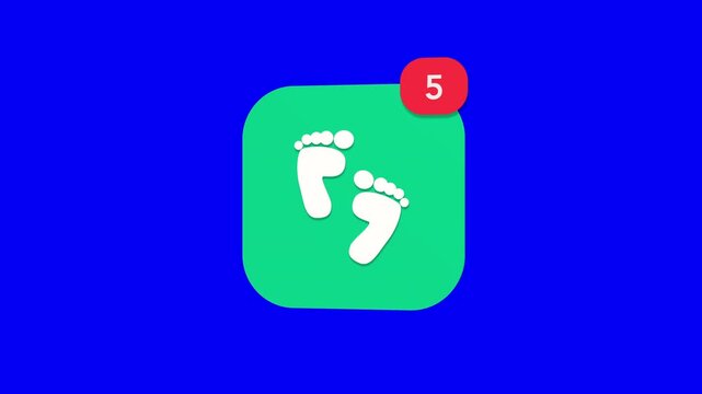 3D green minimal pair of barefoot human footprints tracking walking direction path notification icon popping up on blue screen.