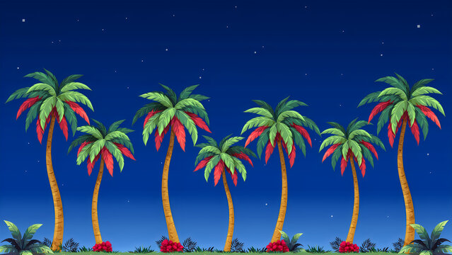Five palm trees against blue sky background