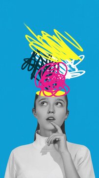 Stop motion thoughtful girl with colorful scribbles above open head. Concept of mental overload, imaginative thinking, ADHD awareness, anxiety themes, and education content.