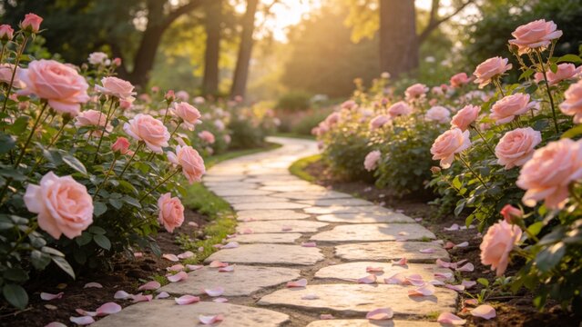 Stone path through rose garden at sunset