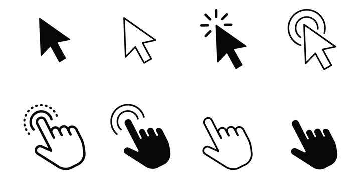 Click cursor icon, Hand pointer arrow symbols in solid black and outline styles for computer mouse, user interface, and vector design.