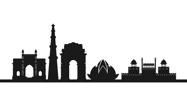 Delhi India Landmark Skyline Silhouette With Historic Monuments Iconic.Black silhouette illustration featuring the Delhi skyline with India Gate, Qutub Minar, Lotus Temple, and Red Fort arranged in a 