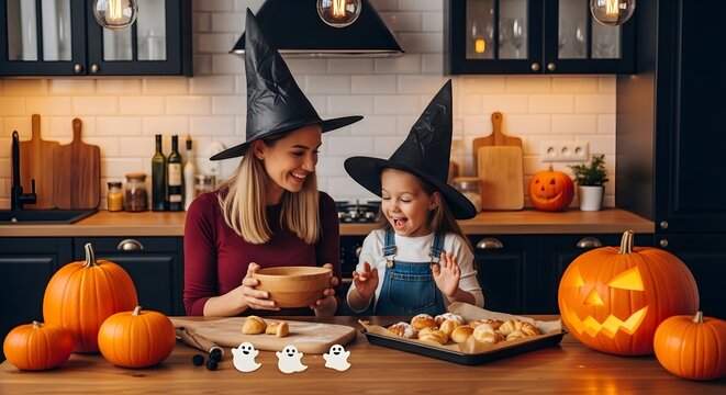 Mother and daughter in witch hats baking halloween cookies in the kitchen