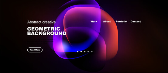 Naklejka premium Dark background features vibrant abstract shapes, text elements, navigation menu. Modern design promotes creative geometric visuals.