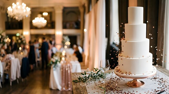 White tiered wedding cake with rose gold confetti in a luxury ballroom