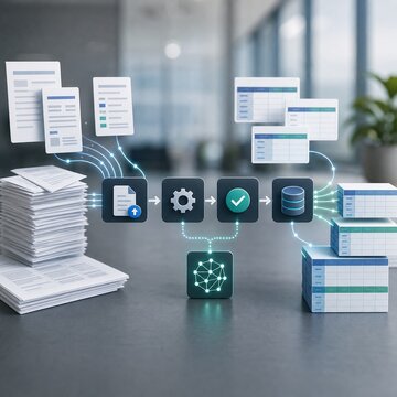 Automated data entry workflow concept with documents and database blocks