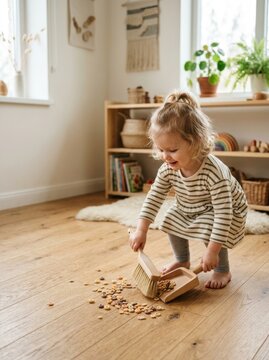Child girl sweeping spilled cereal with wooden broom and dustpan in sunny playroom. Toddler helping with household chores. Montessori education and child development concept.