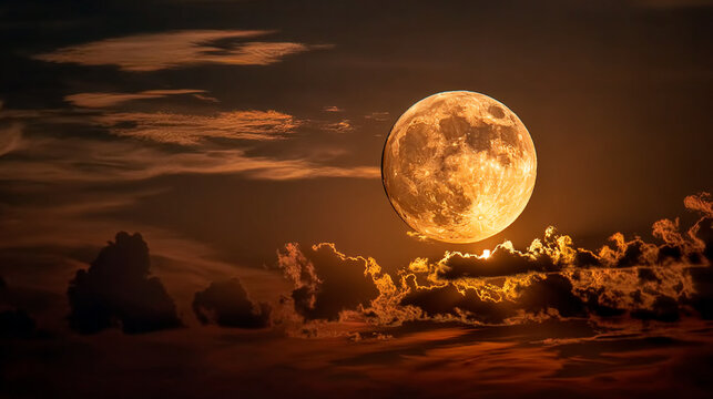Full moon rising over a dark horizon with clouds illuminated by orange moonlight