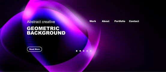 Abstract design features vibrant purple, blue gradients. Text highlights geometric background, includes navigation options, read more button. © antishock