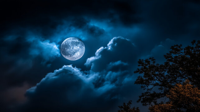 Full moon glowing in the night sky behind clouds and tree branches with astronomy