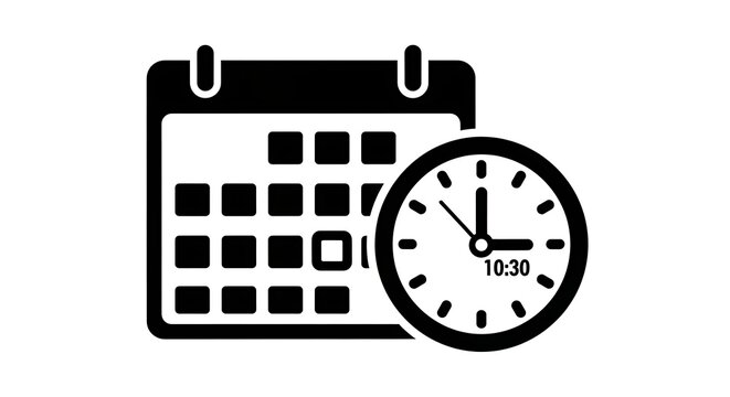 A simple black and white illustration of a calendar and clock