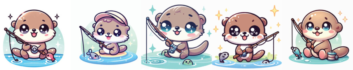 Vector of a cute cartoon otter character holding a fishing rod © FirdianKrisna