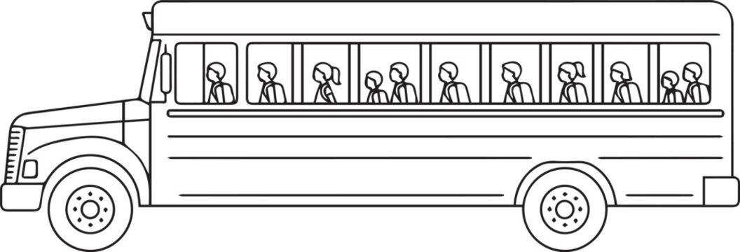 School Bus Coloring Page with Students Inside Line Art