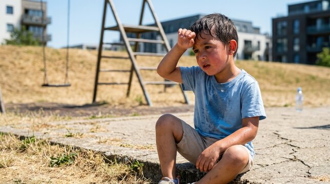 A young boy wiping sweat from his forehead as he sits exhausted in a park on a hot summer day. The playground equipment is visible in the background, along with modern apartment buildings