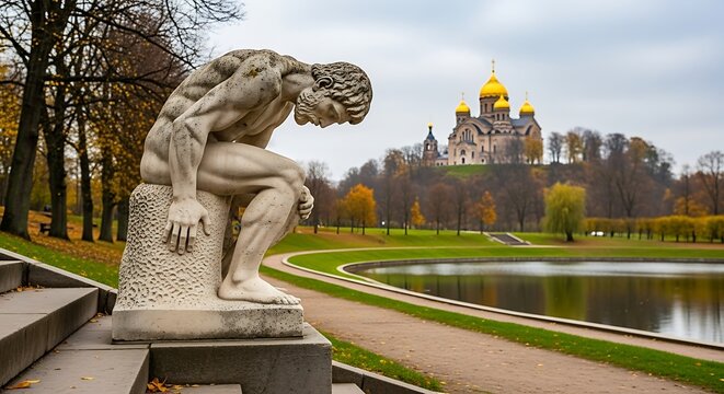 A statue of a nude man sitting thoughtfully in a park with a large building and pond in the background