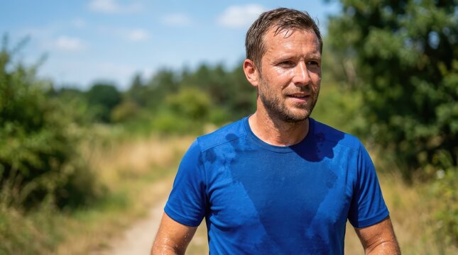 A man in a blue t-shirt, sweating from exertion, running on a path outdoors. He looks determined and focused.