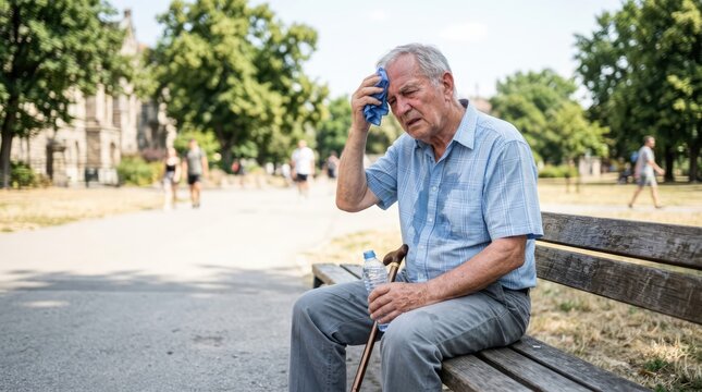 An elderly man sweating profusely and wiping his forehead with a wet cloth while sitting on a park bench, holding a bottle of water. He looks distressed by the heat