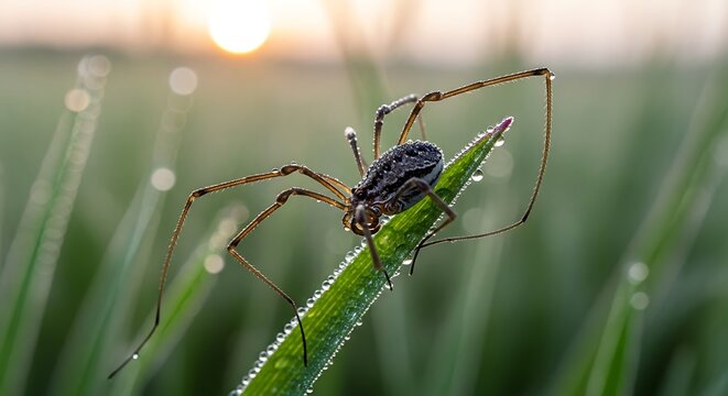 A spider perches on a dewy blade of grass at sunrise