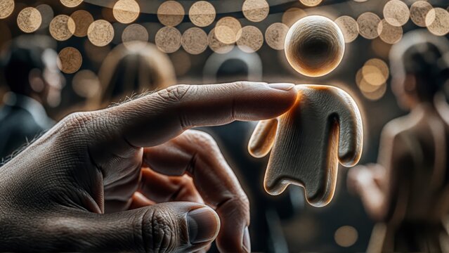 Human finger touching a glowing digital human icon in a dark blurred social networking environment