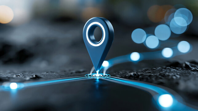 Digital pin drop animation style marker on a glowing strategic route, location-based business planning, milestone achievement, with copy space
