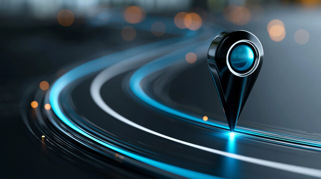 Digital pin drop animation style marker on a glowing strategic route, location-based business planning, milestone achievement, with copy space