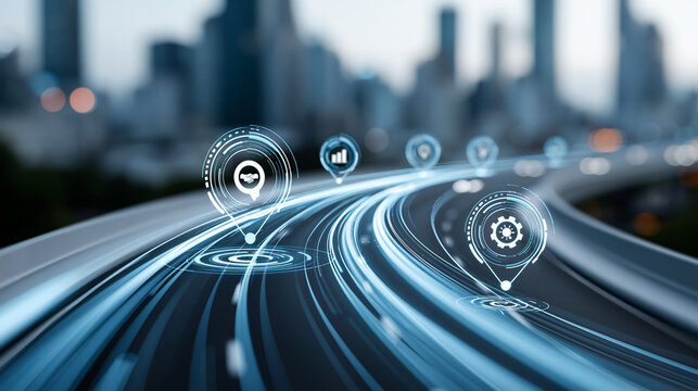 Digital roadmap bridging two consecutive years with icons for partnership and innovation, strategic business transition, future planning, with copy space
