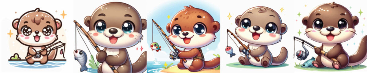Vector of a cute cartoon otter character holding a fishing rod © FirdianKrisna