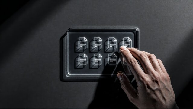 Hand pressing a digital keypad on a dark security safe door in a high contrast cinematic style