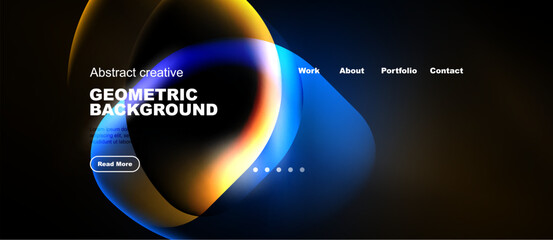 Naklejka premium Abstract design features vibrant fluid shapes, dark background. Navigation includes work, about, portfolio, contact options.