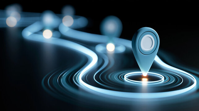Illuminated checkpoint nodes connected by a glowing pathway, milestone tracking, project management, strategic workflow, with copy space