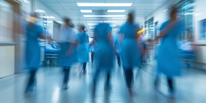 A motion blur view of healthcare professionals and nurses wearing blue scrubs walking hurriedly through a brightly lit modern hospital hallway