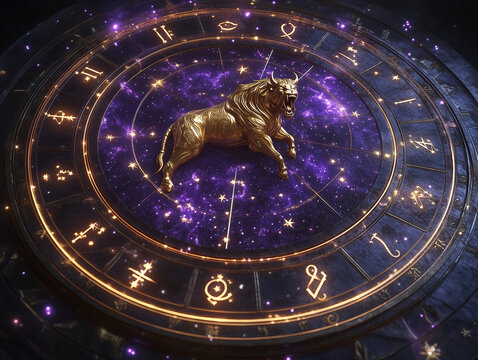 A detailed golden bull figurine representing the Taurus zodiac sign positioned at the center of a dark purple glowing astrological wheel chart with golden symbols