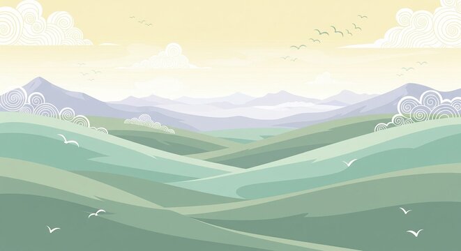 Peaceful mountainous landscape with rolling green hills under soft golden sky and gentle clouds