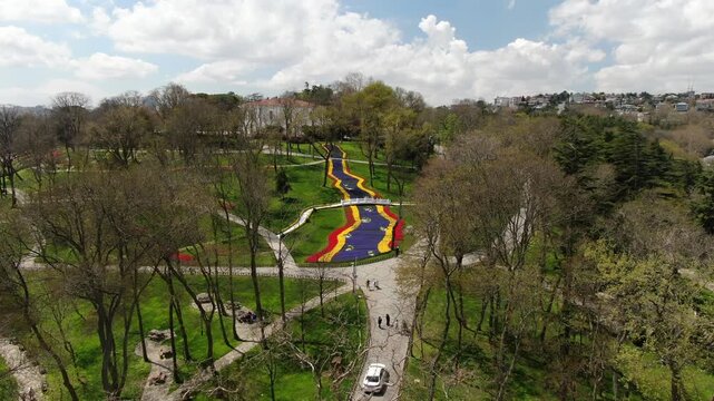 Aerial view of the Bosphorus with tulips; view of the Turkish flag; general aerial view of Istanbul
