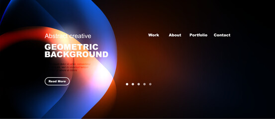 Naklejka premium Abstract geometric background features vibrant blue, orange gradients. Text includes geometric background, read more options, navigation links.