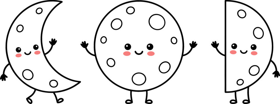 Cute Moon Phases Cartoon Character Set with Kawaii Face Expressions and Crescent, Full, and Half Moon Line Art Vectors for Kids Nursery Graphics