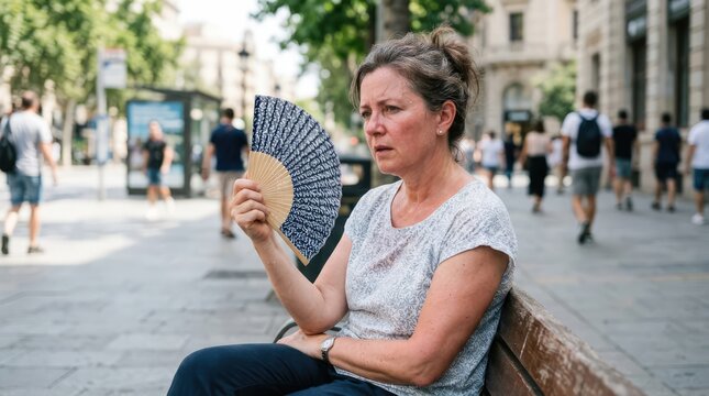 A woman sitting on a bench in a city street, fanning herself with a hand fan to cope with the extreme heat. People walk by in the background, oblivious to her discomfort